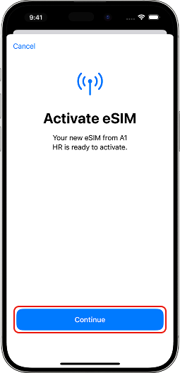 Your new eSIM is ready to activate, press Continue