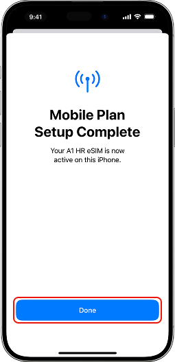 Tap Done. Activation of the eSIM completed! 