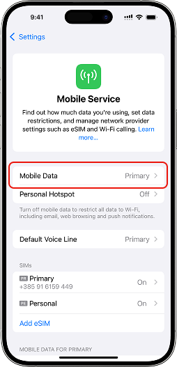 Set your new eSIM for Mobile Data
